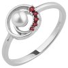 Silver ring with czech garnet and pearl, rhodium plated - circle