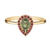 Gold ring with czech garnet and moldavit - drop
