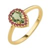 Gold ring with czech garnet and moldavit - drop