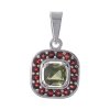 Silver pendant with czech garnet and moldavite, rhodium plated - square                             