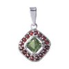 Silver pendant with czech garnet and moldavite, rhodium plated - square                             