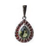 Silver pendant with czech garnet and moldavite, rhodium plated - drop                               