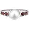Silver ring with czech garnet and pearl, rhodium plated                                             