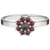 Silver ring with czech garnet, rhodium plated - flower                                              