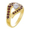 Silver ring with czech garnet and pearl, gold plated - wave                                         