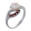 Stříbrný prsten s českým granátem a perlou, rhodiovaný - vlnka