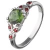 Silver ring with czech garnet and moldavite, rhodium plated                                         