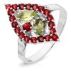 Silver ring with czech garnet and moldavite  and peridot, rhodium plated - oval                     