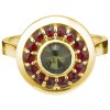 Silver ring with czech garnet and moldavite, gold plated - circle                                   