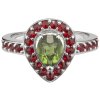 Silver ring with czech garnet and moldavite, rhodium plated - drop                                  