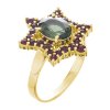Silver ring with czech garnet and moldavite, gold plated - star                                     