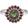 Silver ring with czech garnet and moldavite, rhodium plated - flower                                