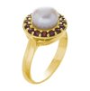 Silver ring with czech garnet and pearl, gold plated - circle                                       
