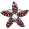 Silver ring with czech garnet and pearl, rhodium plated - flower                                    