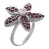 Silver ring with czech garnet and pearl, rhodium plated - flower                                    