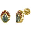 Silver earrings with czech garnet and moldavite, gold plated - drop                                 