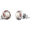 Silver earrings with czech garnet and pearl, rhodium plated - circle                                