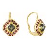 Silver earrings with czech garnet and moldavite, gold plated - square                               