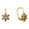 Silver earrings with czech garnet and moldavite, gold plated - flower                               