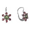 Silver earrings with czech garnet and moldavite, rhodium plated - flower                            
