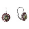 Silver earrings with czech garnet and moldavite, rhodium plated - flower                            