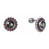 Silver earrings with czech garnet and moldavite, rhodium plated - flower                            