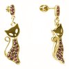 Silver earrings with czech garnet, gold plated, animal - cat                                        