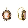 Silver earrings with czech garnet and cameo, gold plated - oval                                     