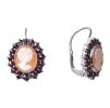 Silver earrings with czech garnet and cameo, rhodium plated - oval                                  